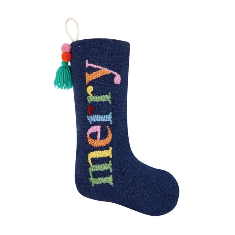 Holiday : Merry Navy Hook Stocking with Pom Pom Tassel