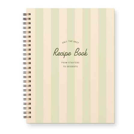 Recipe Book Keepsake with striped cover that reads "Only The Best Recipe Book"