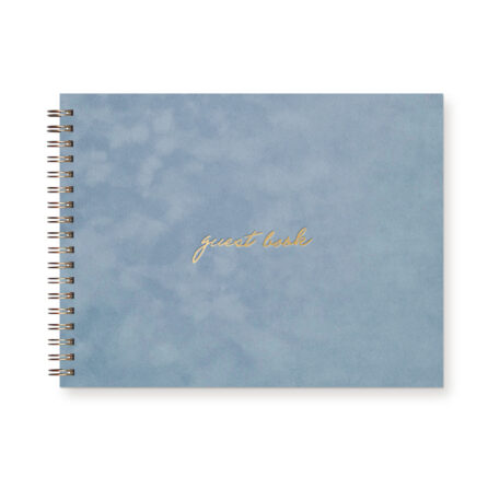 Wedding Guest book with light blue suede cover that reads "guest book" in gold foil