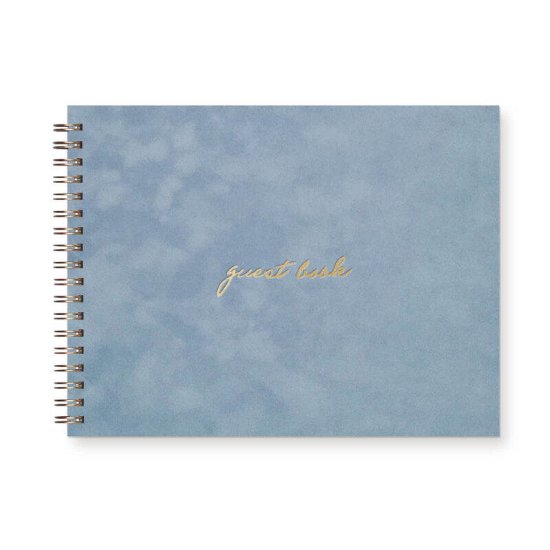 Wedding Guest book with light blue suede cover that reads "guest book" in gold foil